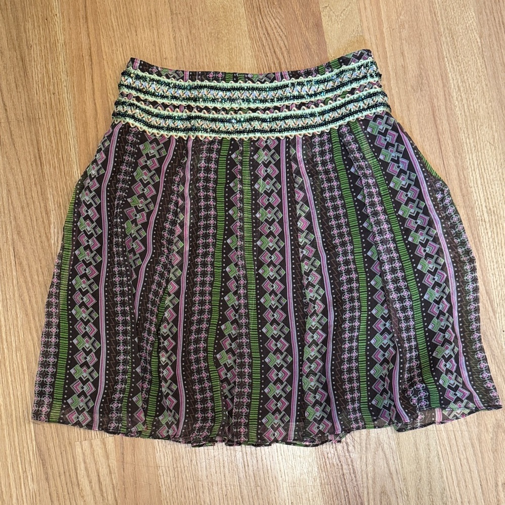 Free People Green and Purple Patterned Mini Skirt
